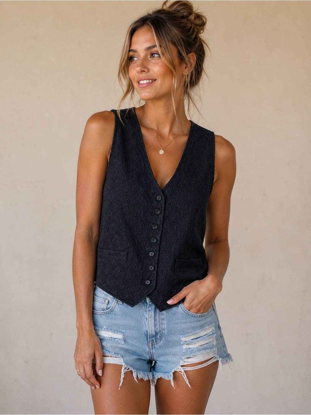Vintage Black Button Front Vest with Lace Overlay by Pierre Cardin Large